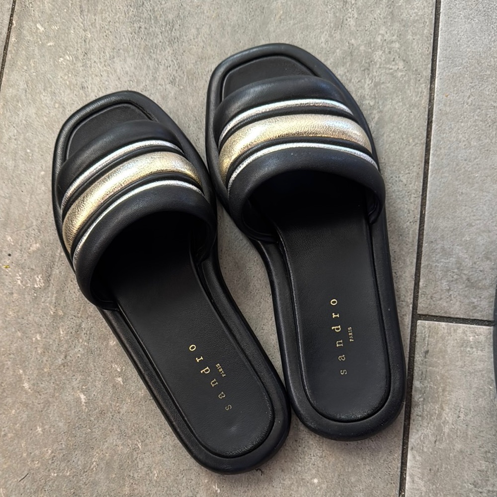Sandro Black and Gold Slide Sandals